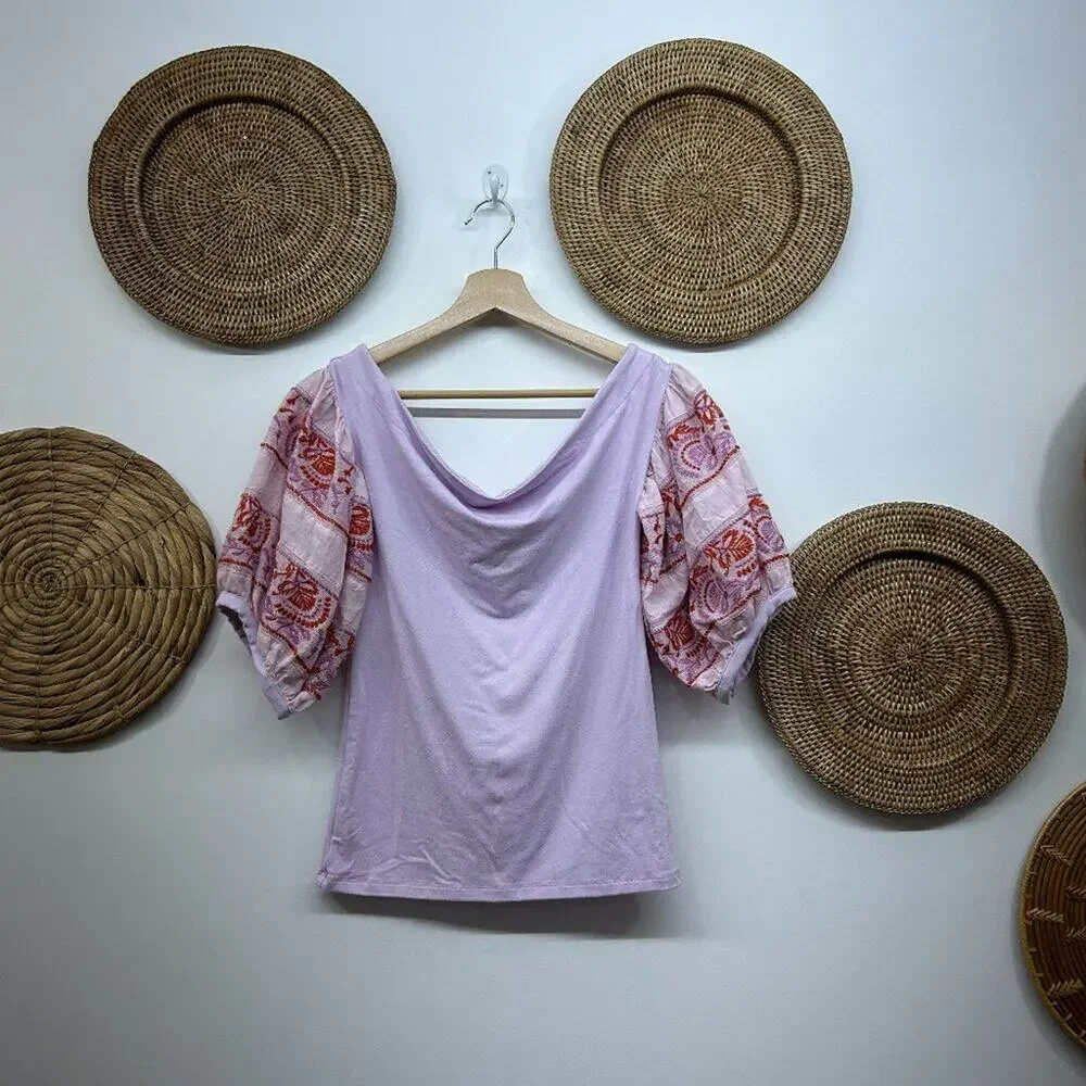 Free People Purple Boho Bohemian Embroidered Short Puff Sleeve Top Small